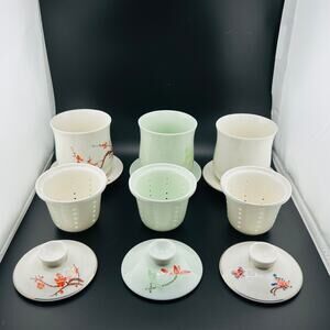 Teavana Tea Infuser Mug Lot Set of 3 Porcelain Tea Cups w/ Infuser Lid Saucer